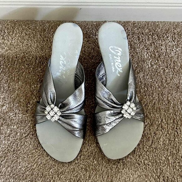 Onex Women's Pewter Slide Heels; Silver and Rhinestone Accents - Picture 1 of 6